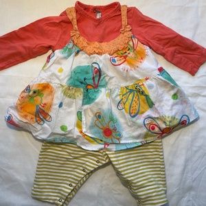 Catimini bird & butterfly apron style dress over long sleeved onesie